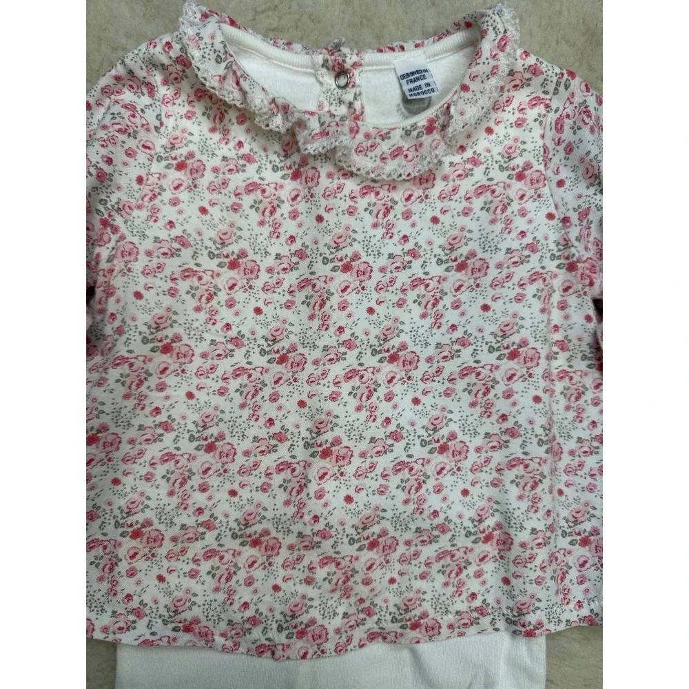 Petit Bateau Baby Girl 12M Floral Bodysuit Top Pink Rose Ruffle French Cotton